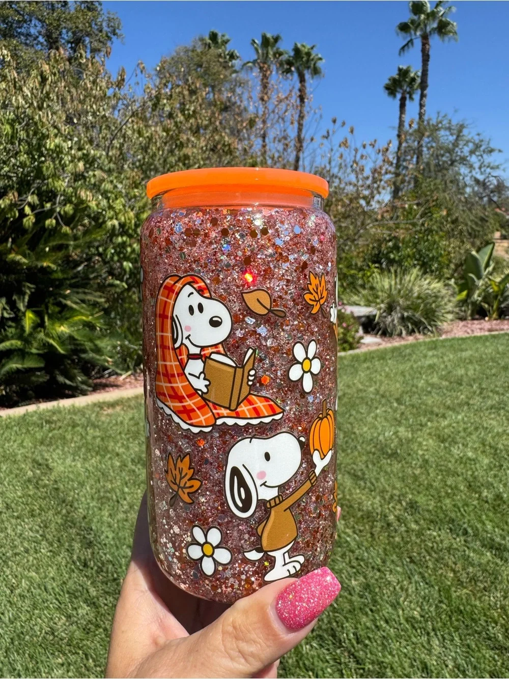 Snoopy Fall autumn snow globe glass Tumble 16oz